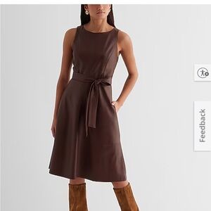 Express Maroon Faux Leather Crew Neck Tie Waist Midi Dress Size M New with Tags